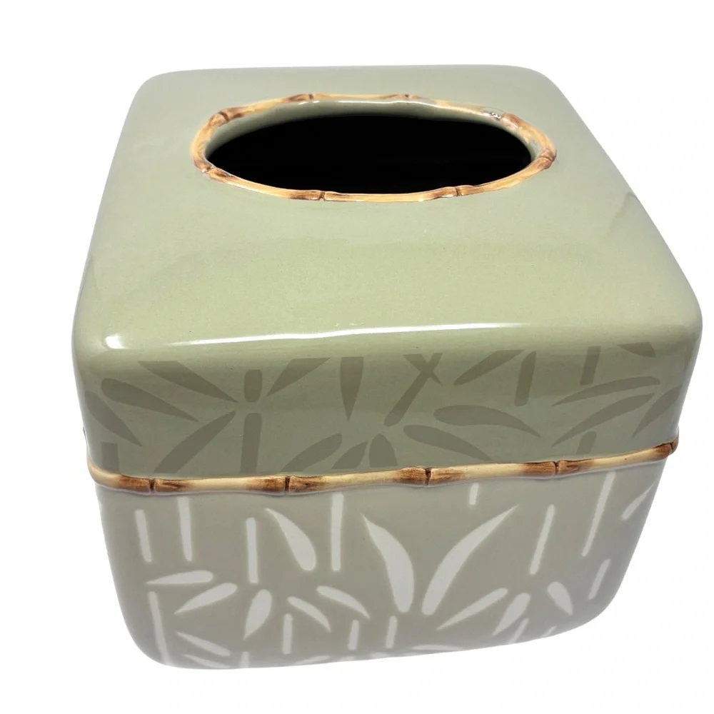 Sears Ceramic Bathroom Accessories Set Bamboo Themed Tissue Box Cover Toothbrush